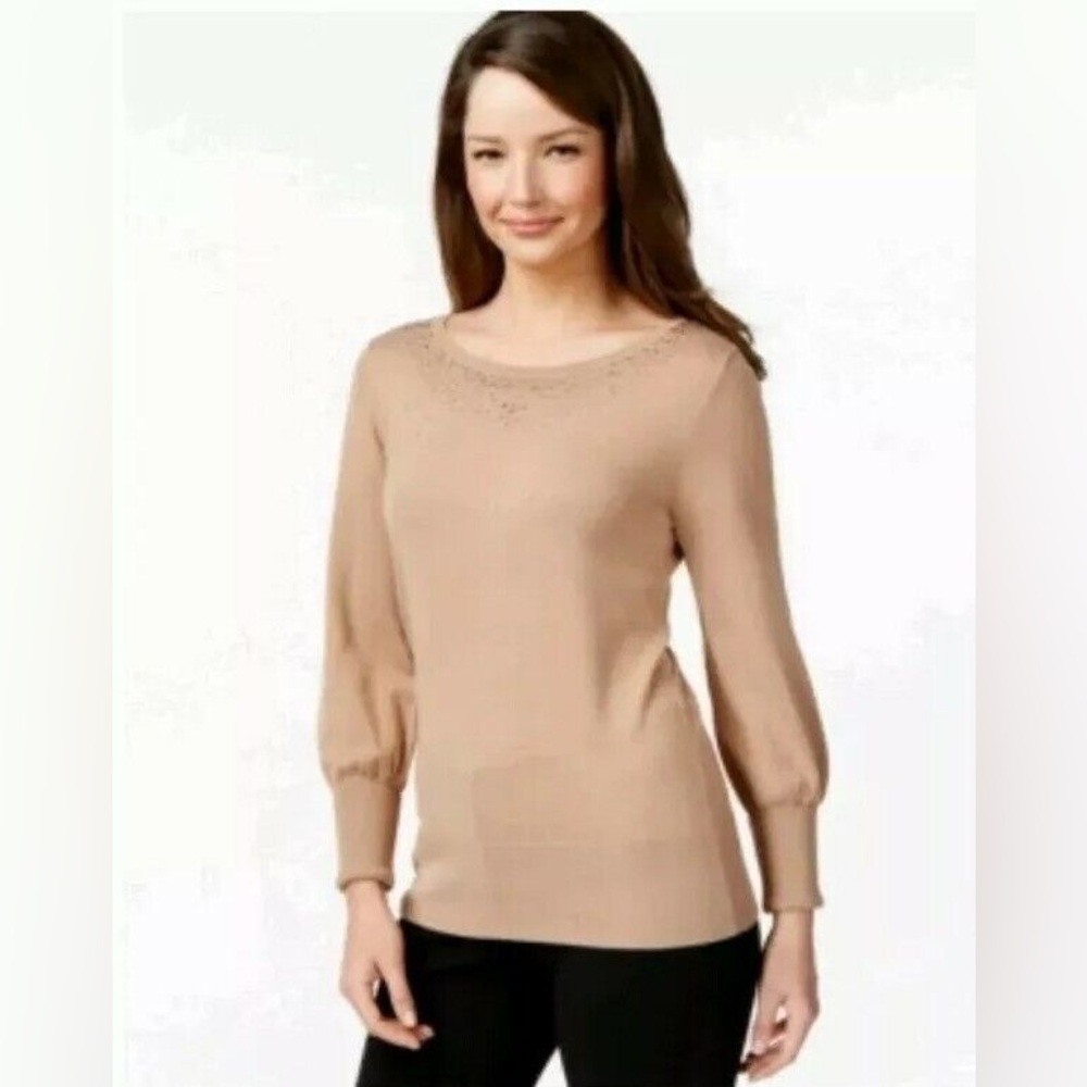 Alfani- Womens Beige Rhinestones Sweater Top Size M‎